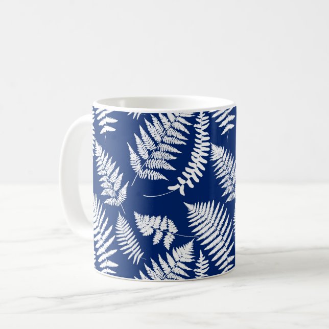 Woodland Fern Pattern, Cobalt Blue and White Coffee Mug (Front Left)