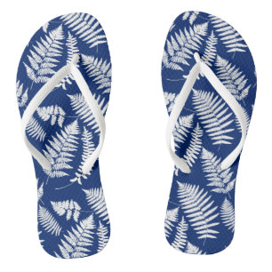 Woodland Fern Pattern, Cobalt Blue and White Flip Flops