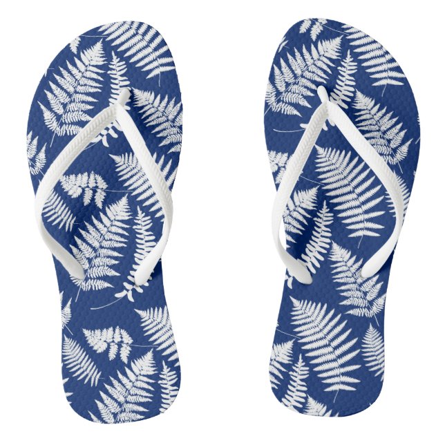 Woodland Fern Pattern, Cobalt Blue and White Flip Flops (Footbed)