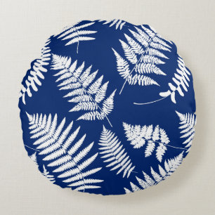 Woodland Fern Pattern, Cobalt Blue and White Round Cushion