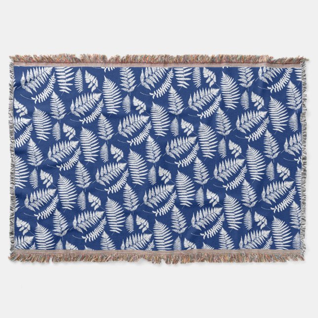 Woodland Fern Pattern, Cobalt Blue and White Throw Blanket (Front)