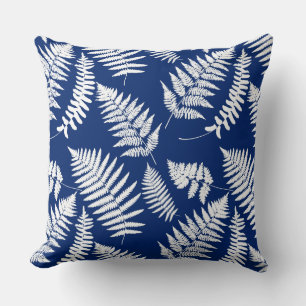 Woodland Fern Pattern, Cobalt Blue and White Throw Cushion