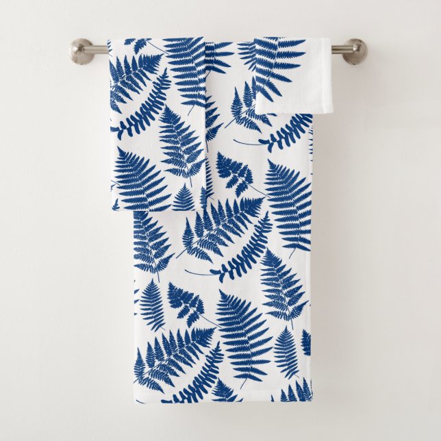 Woodland Fern Pattern, Cobalt Blue on White   Bath Towel Set (Insitu)