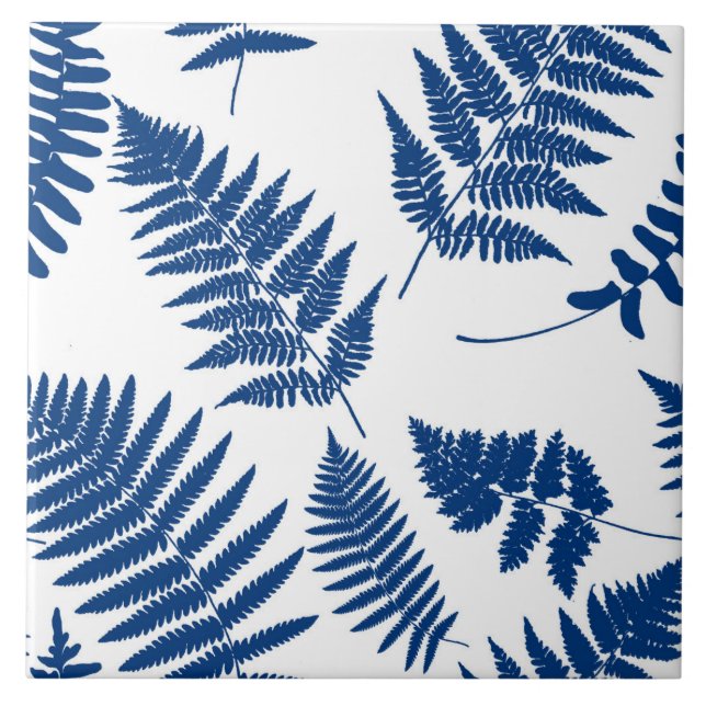 Woodland Fern Pattern, Cobalt Blue on White   Tile (Front)