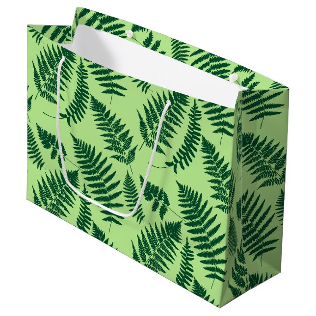 Woodland Fern Pattern, Emerald and Light Green Large Gift Bag (Front Angled)