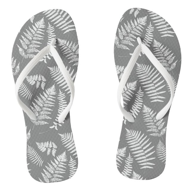 Woodland Fern Pattern, Grey / Grey and White Flip Flops (Footbed)