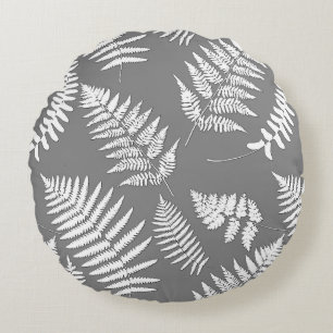 Woodland Fern Pattern, Grey / Grey and White Round Cushion