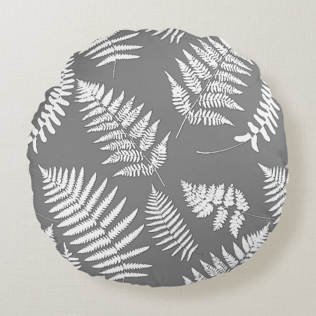 Woodland Fern Pattern, Grey / Grey and White Round Cushion (Front)