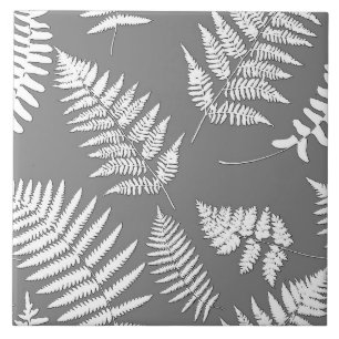 Woodland Fern Pattern, Grey / Grey and White   Tile