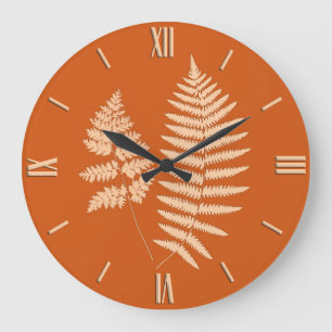 Woodland Fern Pattern, Pastel and Deep Orange Large Clock