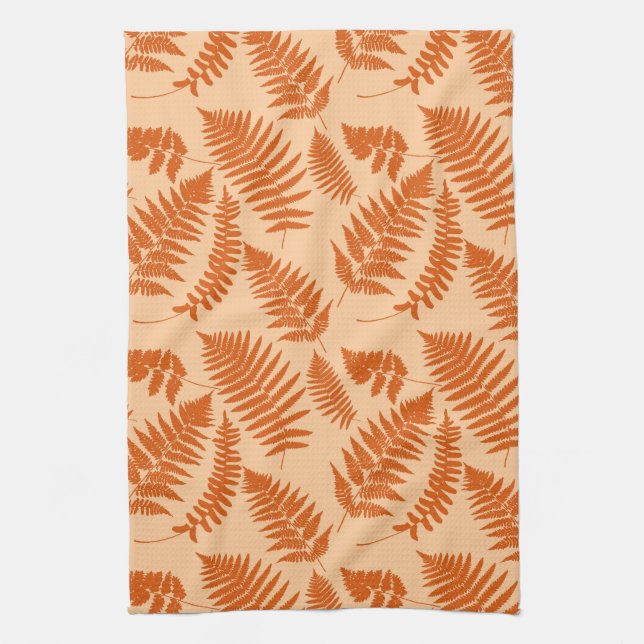 Woodland Fern Pattern, Pastel Orange Tea Towel (Vertical)