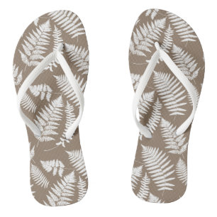 Woodland Fern Pattern, Taupe Tan and White Flip Flops