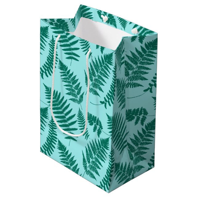 Woodland Fern Pattern, Turquoise and Aqua Medium Gift Bag (Front Angled)