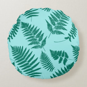 Woodland Fern Pattern, Turquoise and Aqua Round Cushion