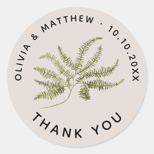 Woodland Fern Wedding Thank You. Minimalist Forest Classic Round Sticker (Front)