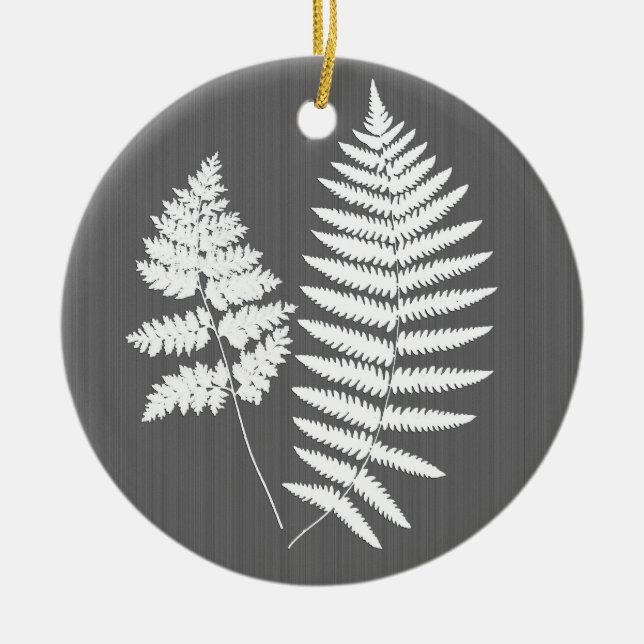 Woodland Fern White on Charcoal Grey / Grey  Ceramic Tree Decoration (Front)