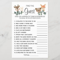 Woodland Find the Guest Baby Shower game card