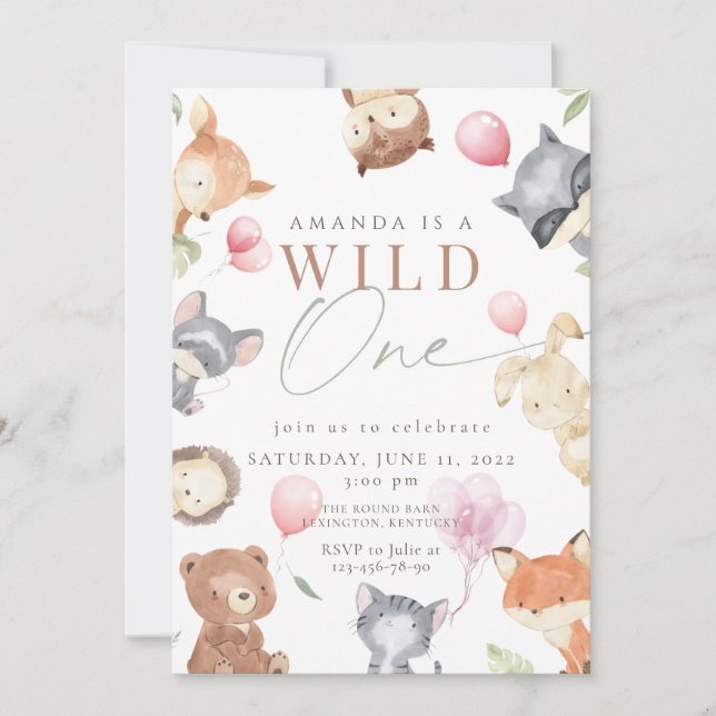 Woodland First Birthday, Forest Animimal, wild one Invitation (Front)