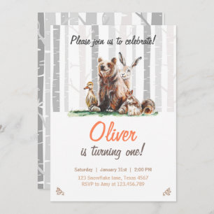 Woodland First Birthday Invitation Forest animals
