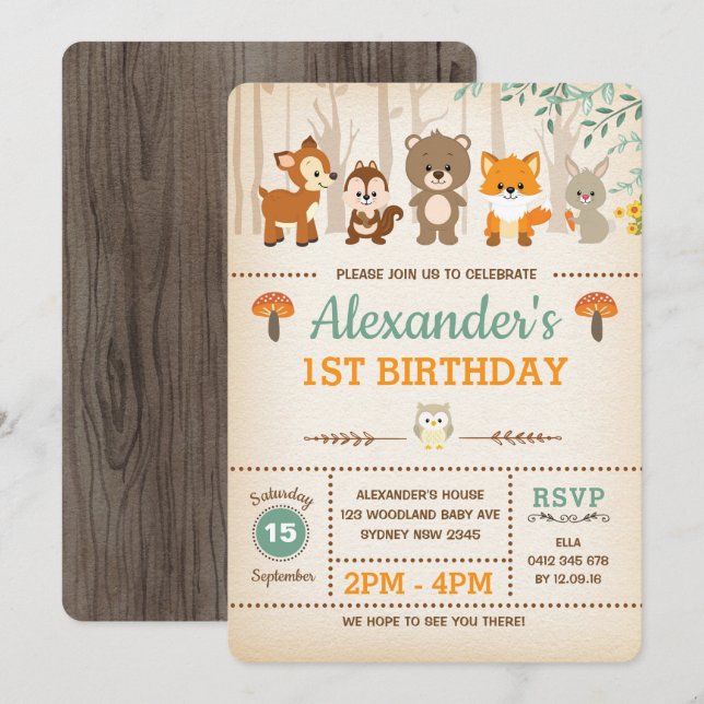 Woodland First Birthday Invitation Forest Animals (Front/Back)