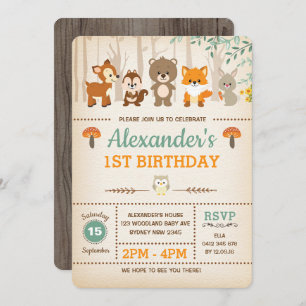 Woodland First Birthday Invitation Forest Animals