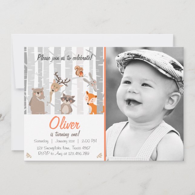 Woodland First Birthday Invitation Forest animals (Front)