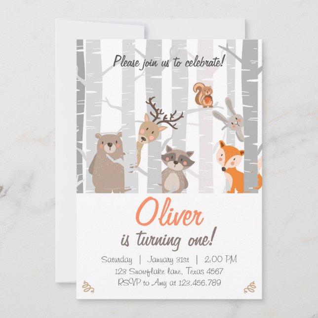 Woodland First Birthday Invitation Forest Animals (Front)