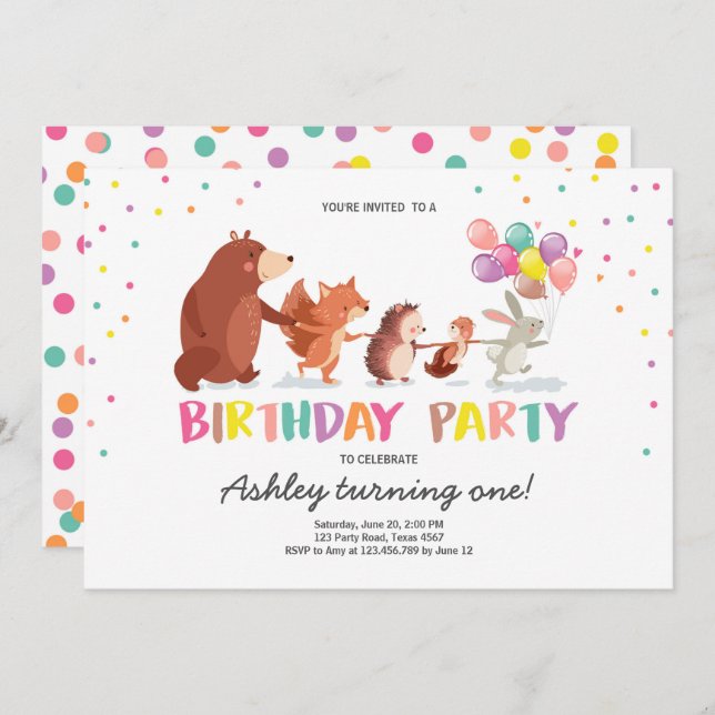 Woodland First Birthday Invitation Forest Animals (Front/Back)