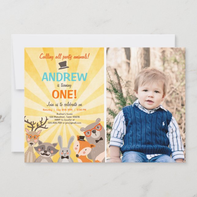 Woodland First Birthday Invitation Forest Hipster (Front)