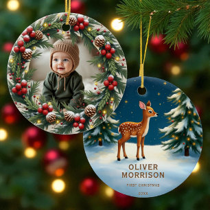 Woodland First Christmas Baby Deer Personalised  Ceramic Tree Decoration