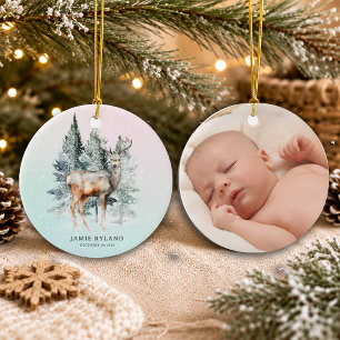 Woodland First Christmas Photo And Birth Date Ceramic Tree Decoration