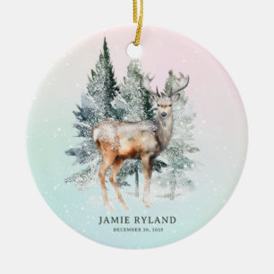 Woodland First Christmas Photo And Birth Date Ceramic Tree Decoration