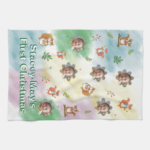 Woodland First Christmas Photo Baby Blanket Tea Towel