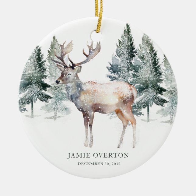 Woodland first Christmas With Baby Photo Ceramic Tree Decoration (Front)