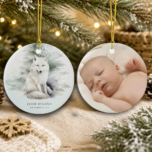 Woodland First Christmas With Baby Photo Ceramic Tree Decoration