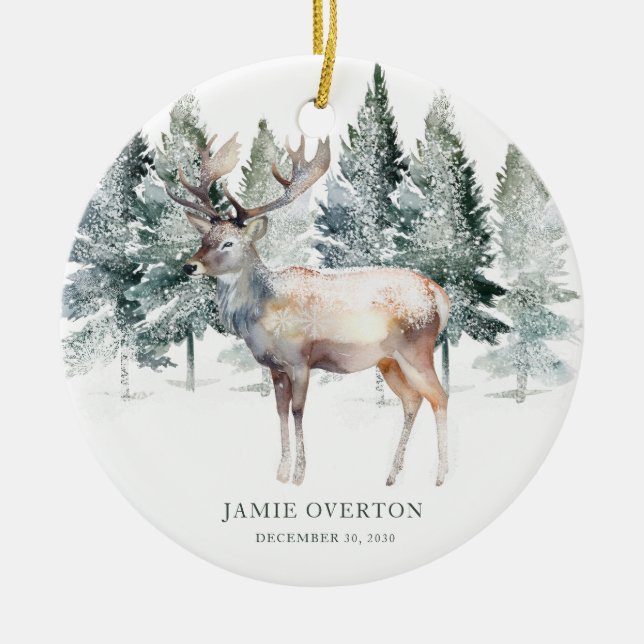 Woodland first Christmas With Baby Photo Ceramic Tree Decoration (Front)