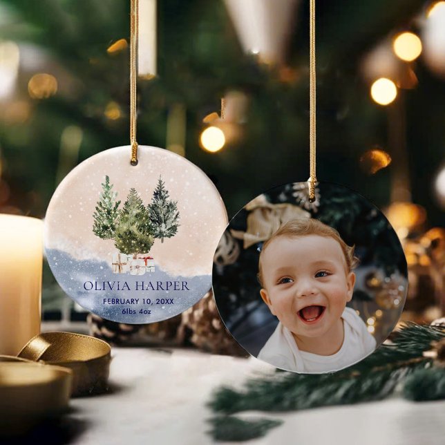 Woodland First Christmas with Birth Photo  Ceramic Tree Decoration (Creator Uploaded)