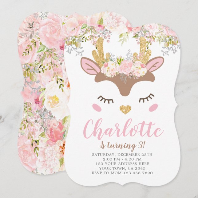 Woodland, Floral Deer Birthday Invitation (Front/Back)