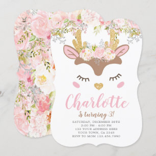 Woodland, Floral Deer Birthday Invitation
