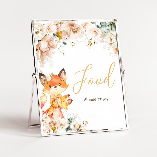 Woodland Floral Fox Baby Shower Food  Poster (Fox Baby Shower Food Sign)