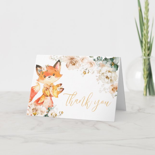 Woodland Floral Fox Baby Shower Thank You Card (Front)