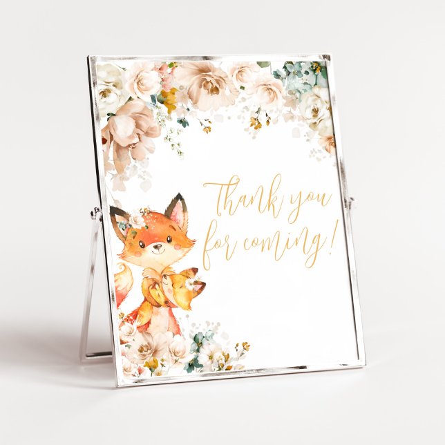 Woodland Floral Fox Thank you for Coming Poster (Fox Baby Shower Thank you for Coming Sign)