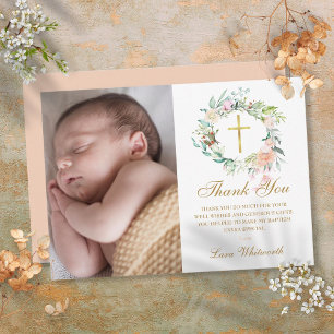 Woodland Floral Garland Baptism, Christening Photo Thank You Card