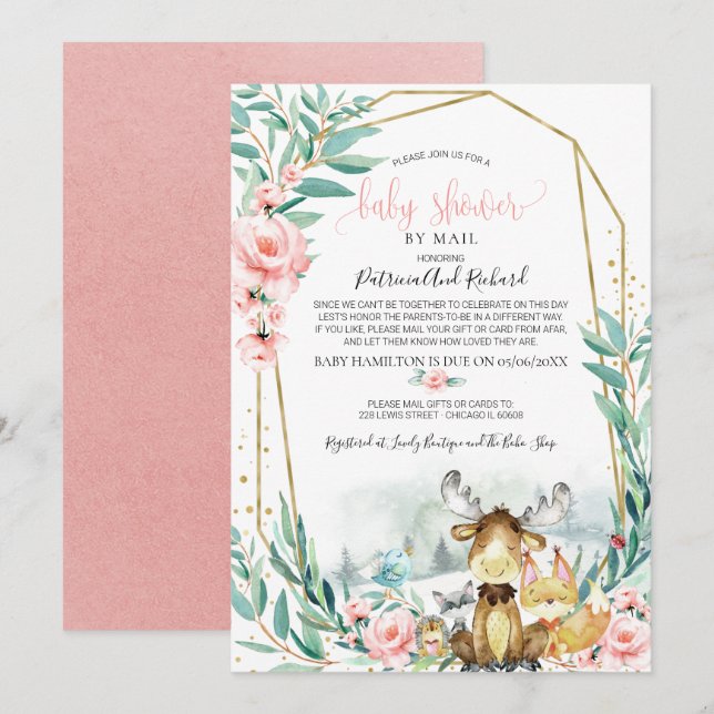 Woodland Floral Greenery Baby Shower By Mail Invitation (Front/Back)
