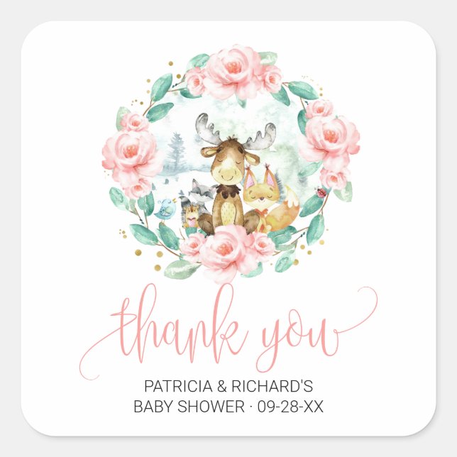 Woodland Floral Greenery Baby Shower Thank You Square Sticker (Front)