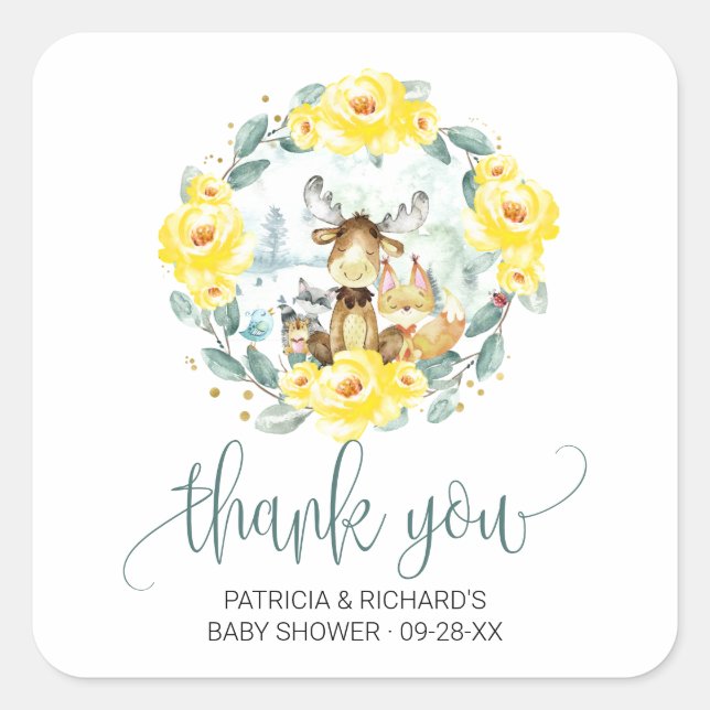 Woodland Floral Greenery Baby Shower Thank You Square Sticker (Front)