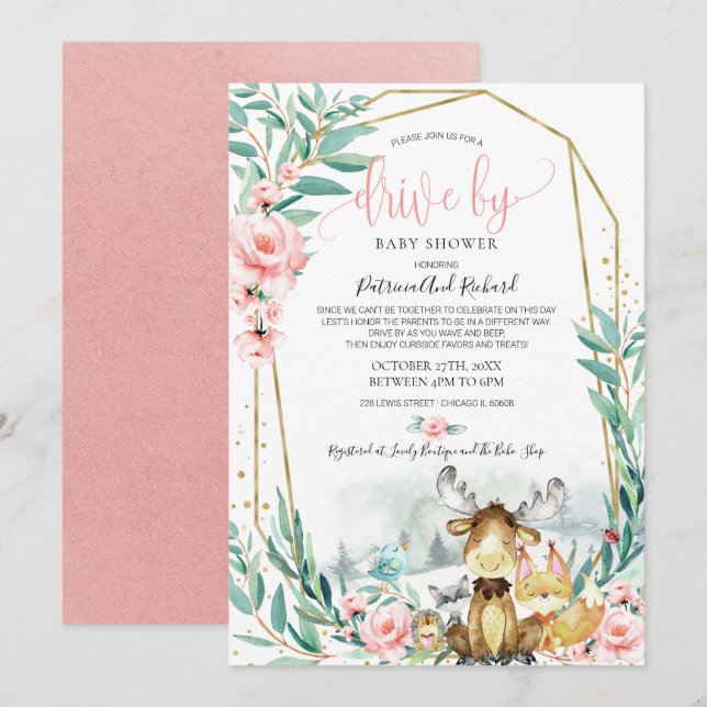 Woodland Floral Greenery Drive By Baby Shower Invitation (Front/Back)