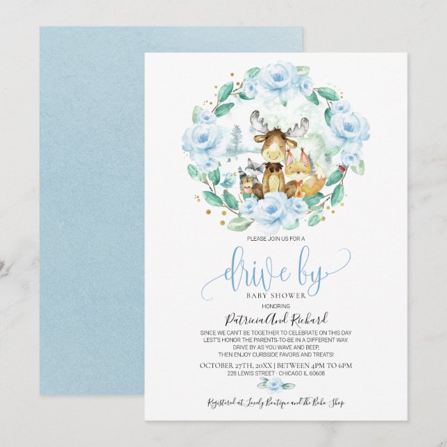 Woodland Floral Greenery Drive By Baby Shower Invitation (Front/Back)