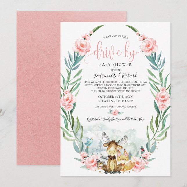 Woodland Floral Greenery Drive By Baby Shower Invitation (Front/Back)