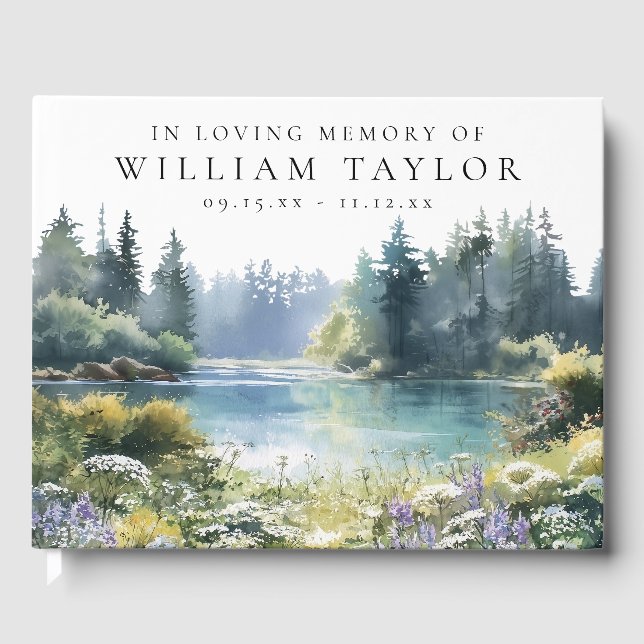 Woodland Floral Lake In Loving Memory Funeral Guest Book (Front)
